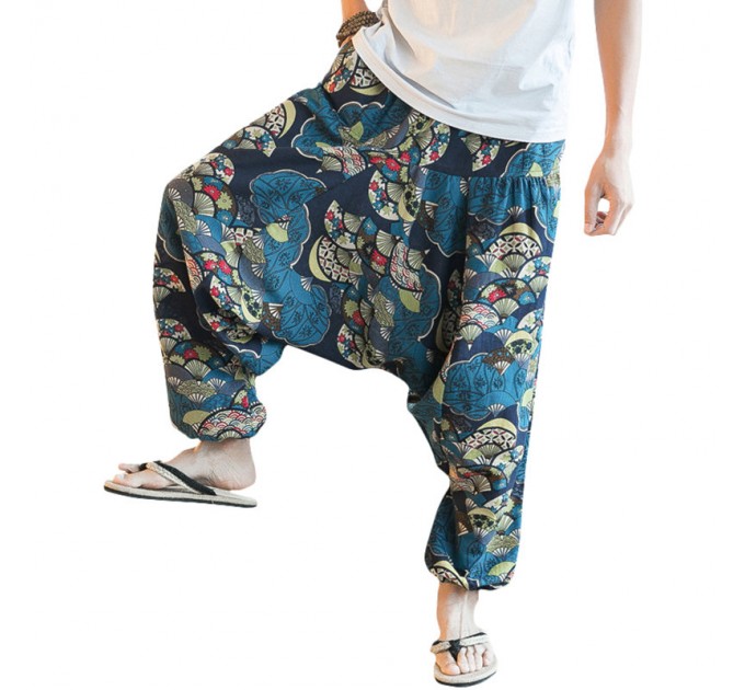 Чоловічі штани з мотнею лляні сині в японському стилі 