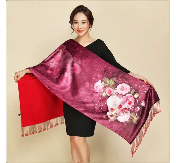 Палантин шарф шовковий бордово-вишневий з квітами